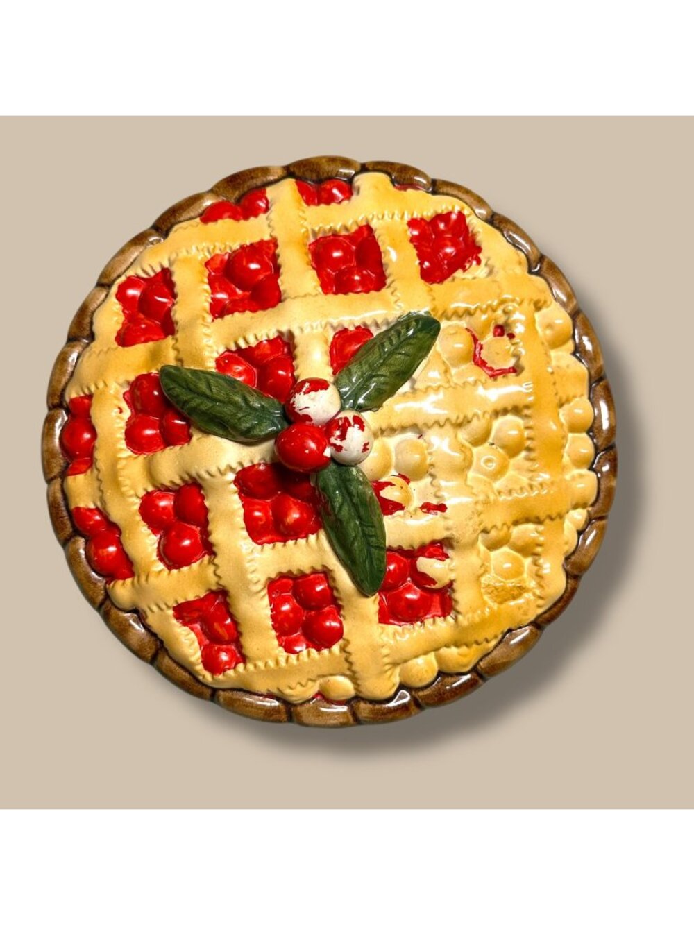 Vintage Ceramic Pie Dish Cherry Pie Design 10.5" Decorative Display & Baking Dis